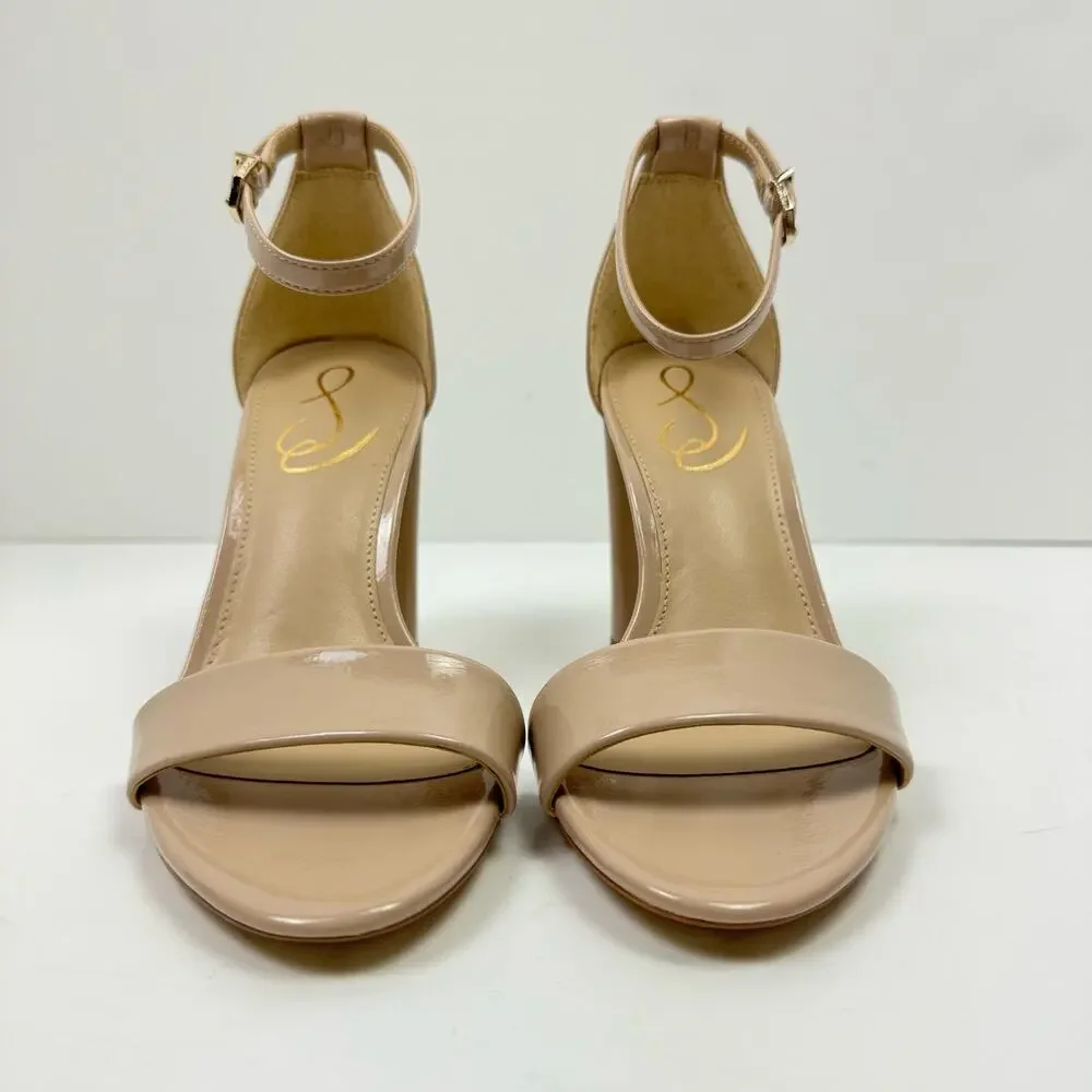 NEW Sam Edelman Yaro WIDE Beige Patent Faux Leather Open Toe Block Heel Sandals